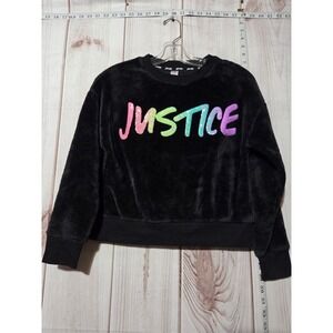 Justice Girls 10 Black Fuzzy‎ Pullover Sequin Logo Long Sleeve Top Plush